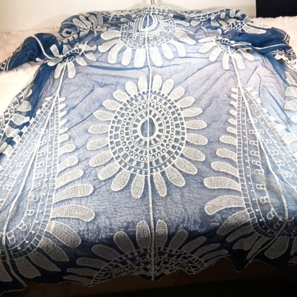 Rebellion Again Boho Duster Open Front  Blue White Kimono Sheer Embriodery Large - Picture 8 of 9